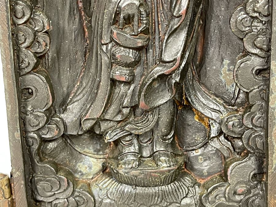 Signed Vintage Relief Carved Wooden Buddha Shrine Altar Travel Portable Tri-Fold Hinged 8.5W X 9.5H [Photo 28]