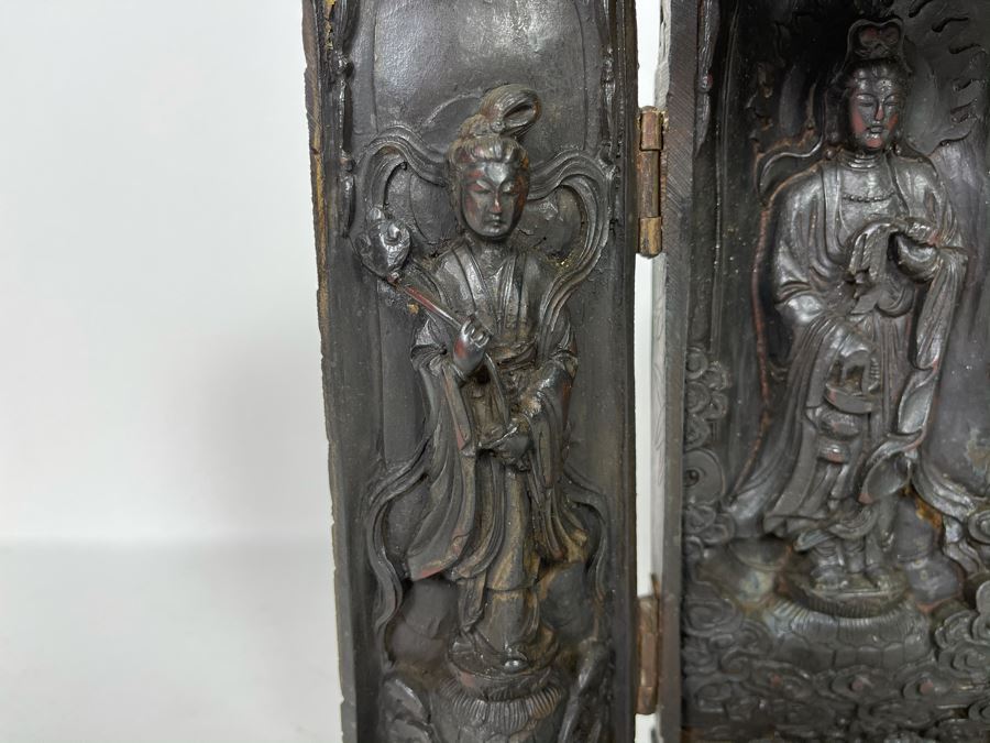 Signed Vintage Relief Carved Wooden Buddha Shrine Altar Travel Portable Tri-Fold Hinged 8.5W X 9.5H [Photo 6]