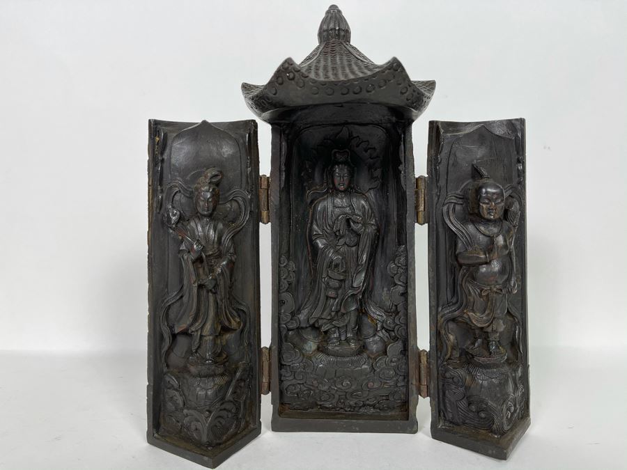 Signed Vintage Relief Carved Wooden Buddha Shrine Altar Travel Portable Tri-Fold Hinged 8.5W X 9.5H [Photo 10]