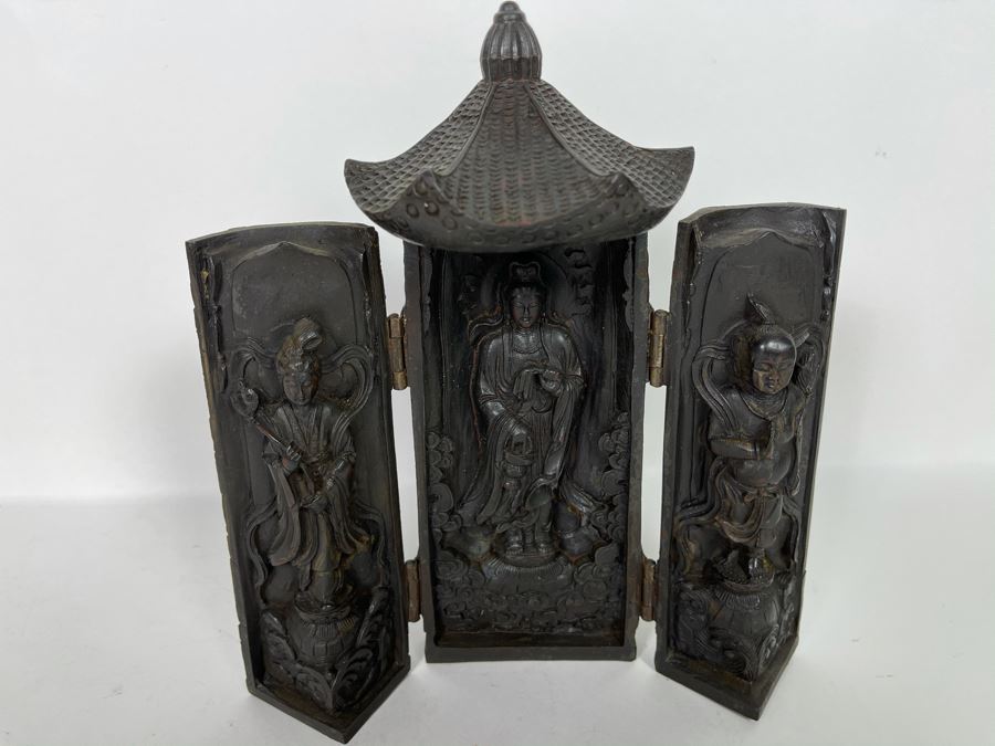 Signed Vintage Relief Carved Wooden Buddha Shrine Altar Travel Portable Tri-Fold Hinged 8.5W X 9.5H [Photo 9]