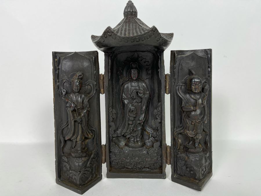 Signed Vintage Relief Carved Wooden Buddha Shrine Altar Travel Portable Tri-Fold Hinged 8.5W X 9.5H [Photo 12]