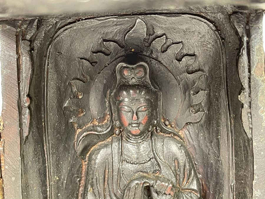 Signed Vintage Relief Carved Wooden Buddha Shrine Altar Travel Portable Tri-Fold Hinged 8.5W X 9.5H [Photo 29]