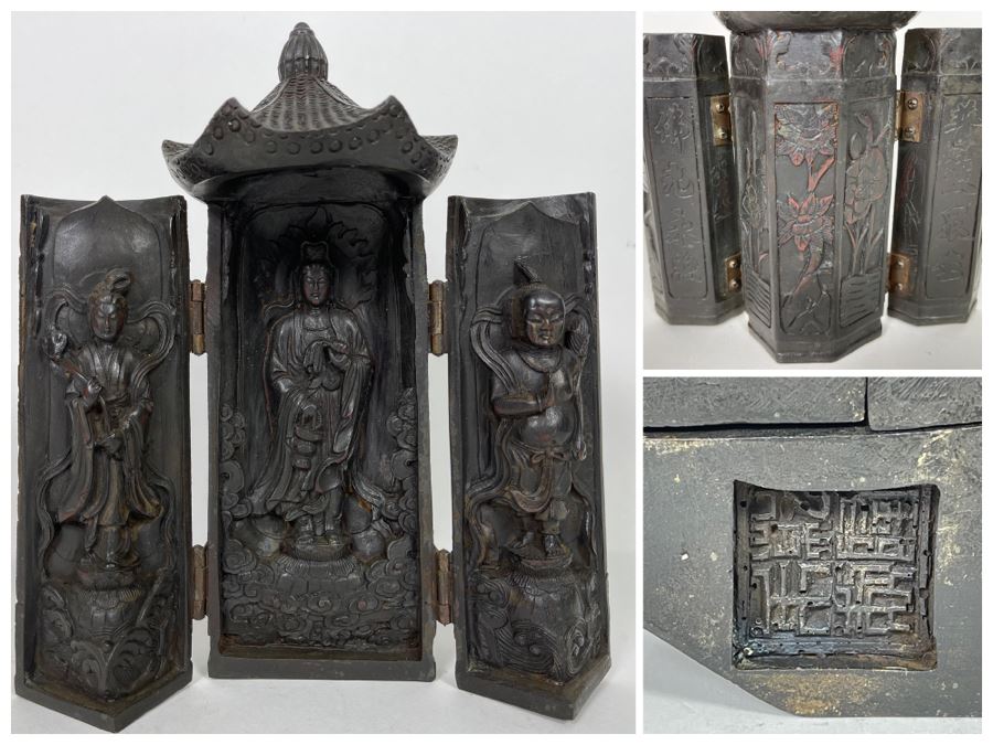 Signed Vintage Relief Carved Wooden Buddha Shrine Altar Travel Portable Tri-Fold Hinged 8.5W X 9.5H [Photo 1]
