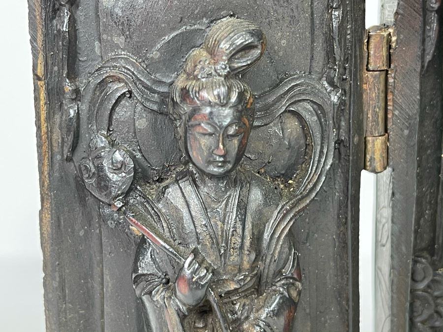 Signed Vintage Relief Carved Wooden Buddha Shrine Altar Travel Portable Tri-Fold Hinged 8.5W X 9.5H [Photo 31]