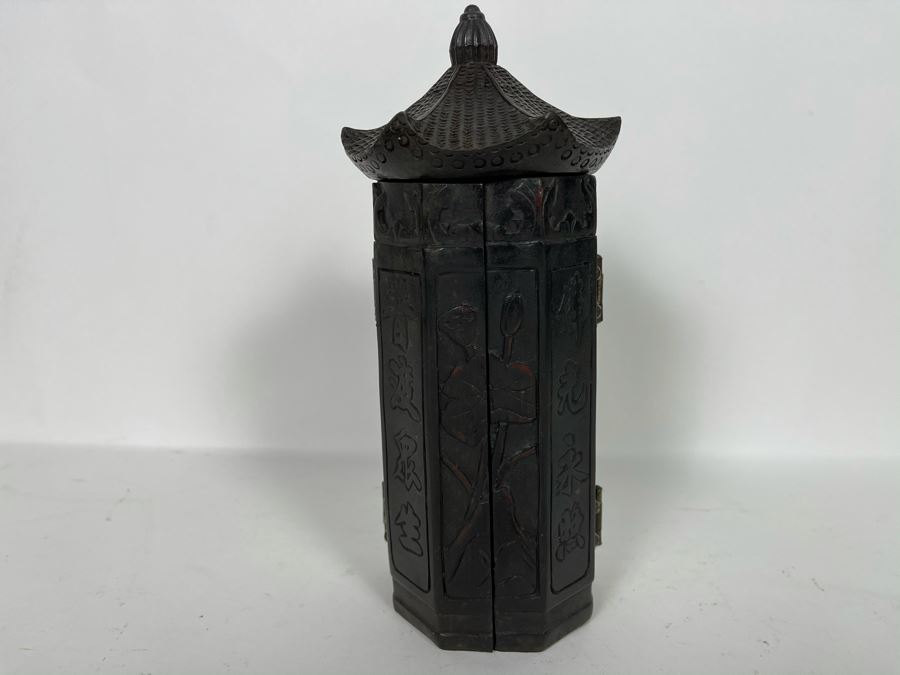 Signed Vintage Relief Carved Wooden Buddha Shrine Altar Travel Portable Tri-Fold Hinged 8.5W X 9.5H [Photo 19]