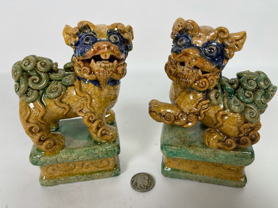 Pair Of Vintage Glazed Foo Dogs 5H [Photo 4]