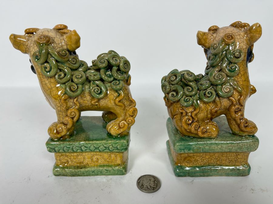 Pair Of Vintage Glazed Foo Dogs 5H [Photo 5]