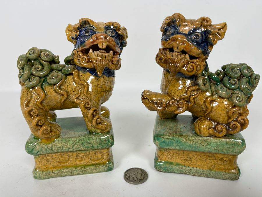 Pair Of Vintage Glazed Foo Dogs 5H
