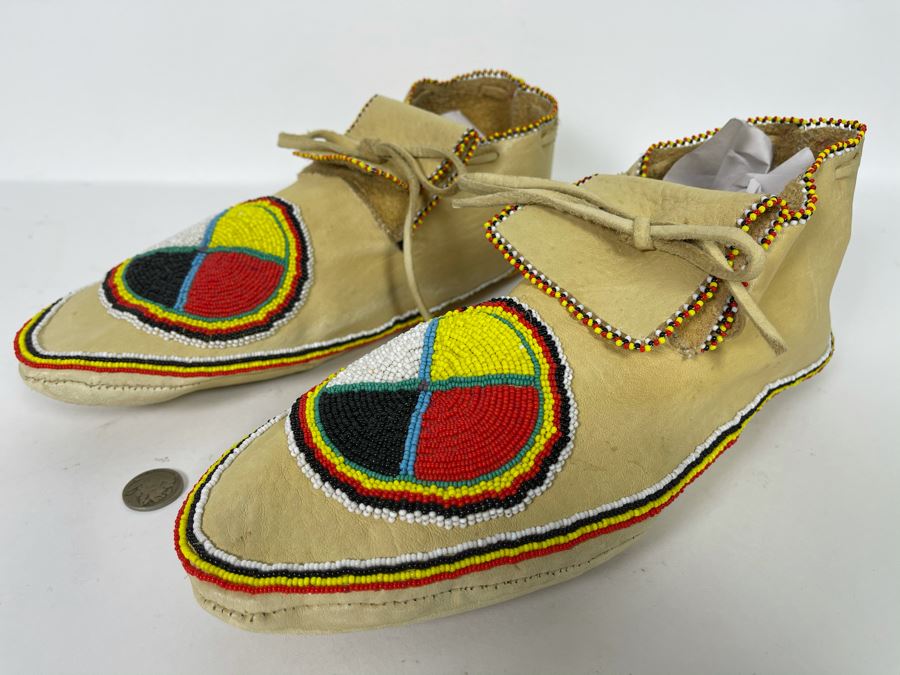 Pair Of Men's Native American Beaded Leather Moccasins 12'L