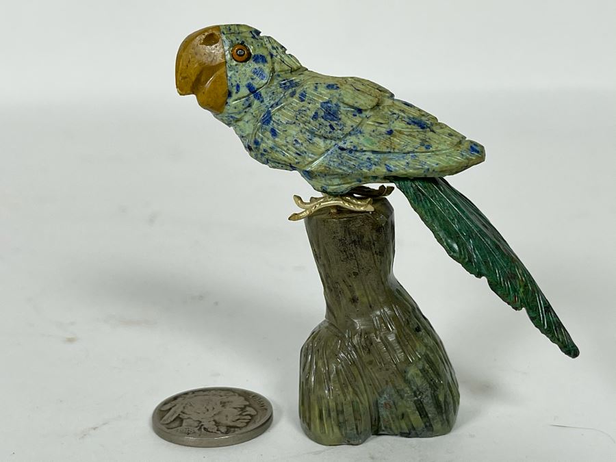 Carved Semi-Precious Stone Parrot Bird Sculpture 2.75H [Photo 2]