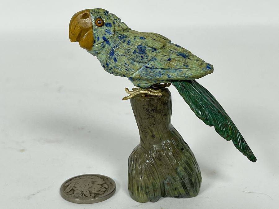 Carved Semi-Precious Stone Parrot Bird Sculpture 2.75H [Photo 3]