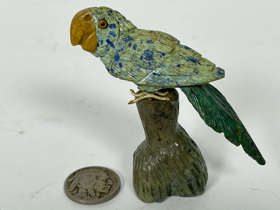 Carved Semi-Precious Stone Parrot Bird Sculpture 2.75H