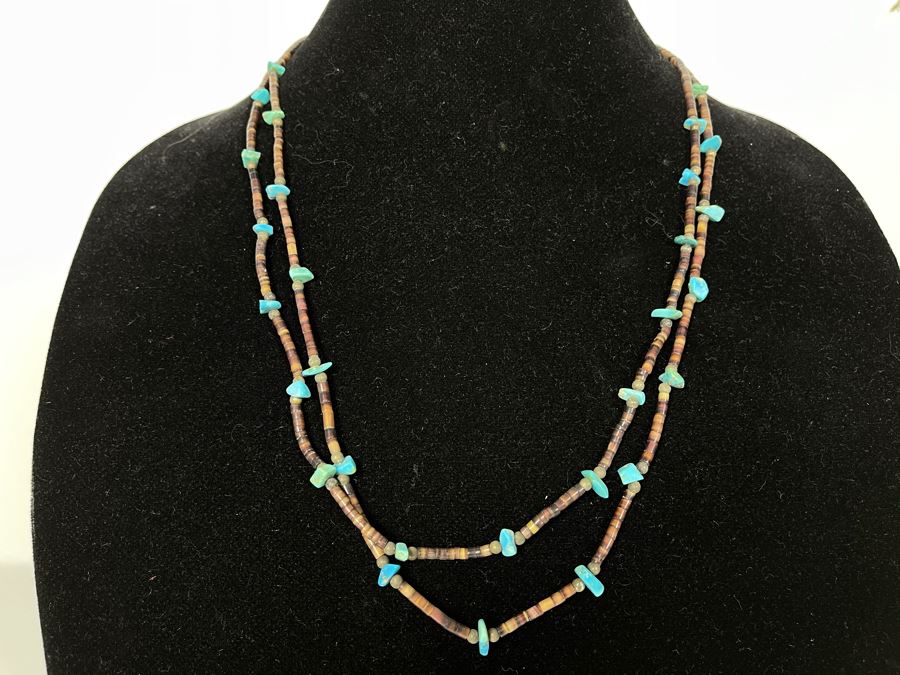 Vintage Native American Turquoise Nugget And Shell Heishi Bead Necklace 24'L [Photo 1]