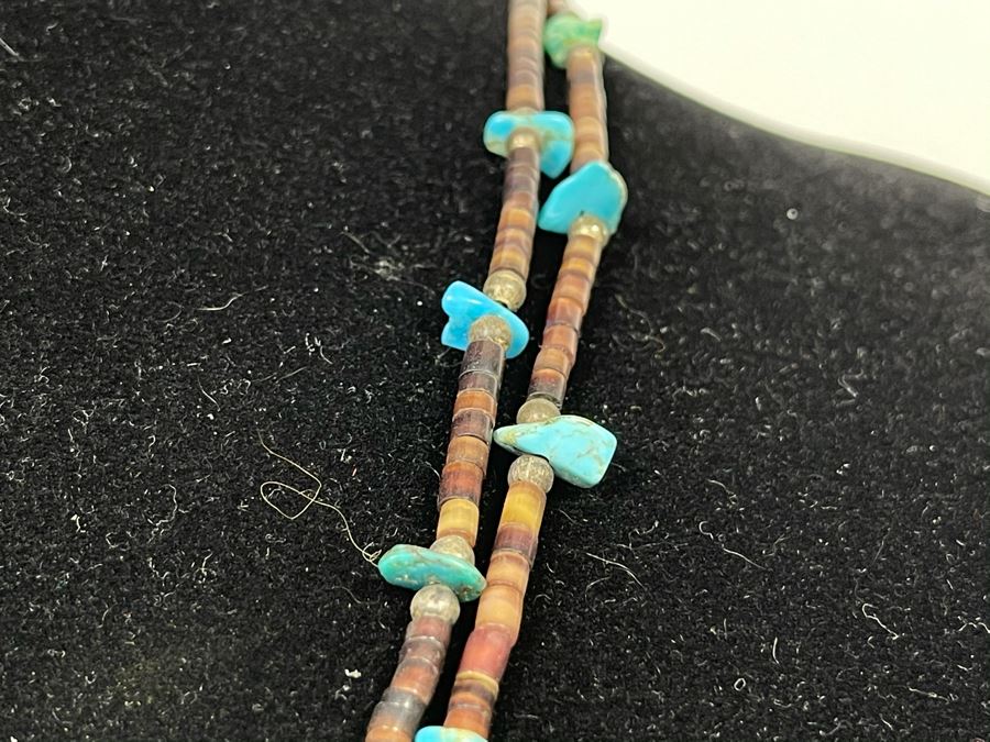 Vintage Native American Turquoise Nugget And Shell Heishi Bead Necklace 24'L [Photo 3]
