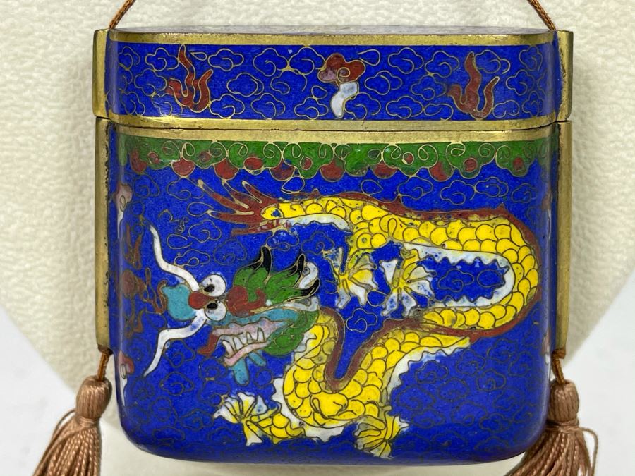 Vintage Chinese Cloisonne Enamel Opium Box Pendant Necklace Dragon Design 2.25W X 2.25H [Photo 7]
