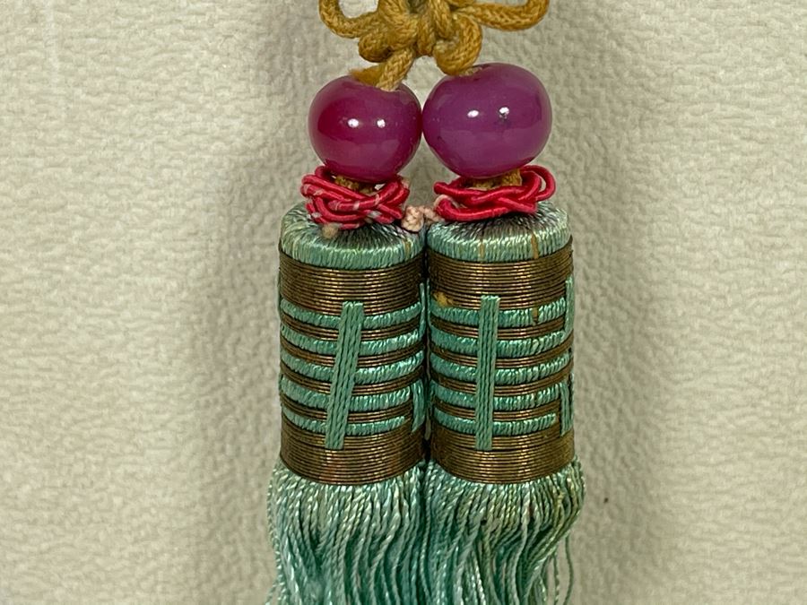 Vintage Chinese Carved Turquoise Ball Pendant Knotted Necklace With Tassles [Photo 10]