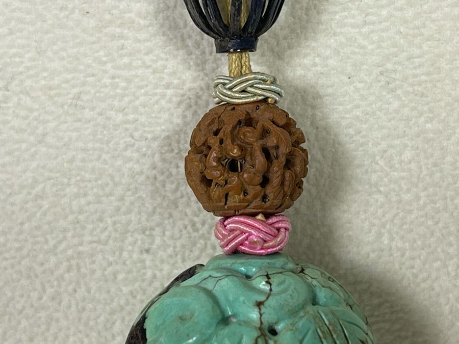 Vintage Chinese Carved Turquoise Ball Pendant Knotted Necklace With Tassles [Photo 13]