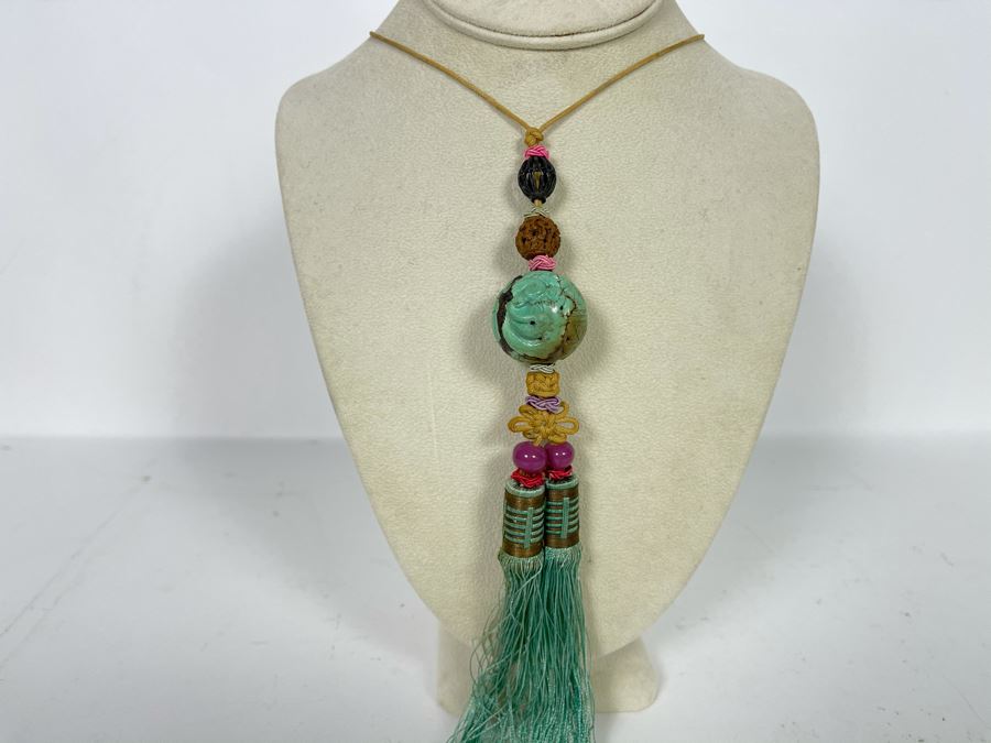 Vintage Chinese Carved Turquoise Ball Pendant Knotted Necklace With Tassles [Photo 5]