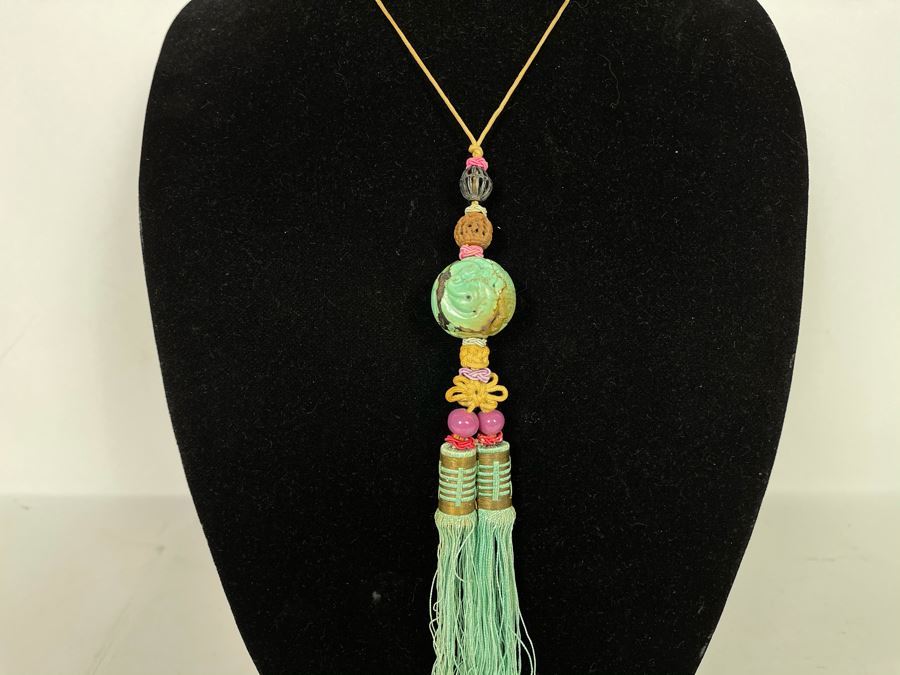 Vintage Chinese Carved Turquoise Ball Pendant Knotted Necklace With Tassles [Photo 2]