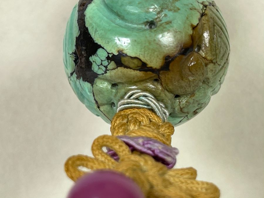 Vintage Chinese Carved Turquoise Ball Pendant Knotted Necklace With Tassles [Photo 15]