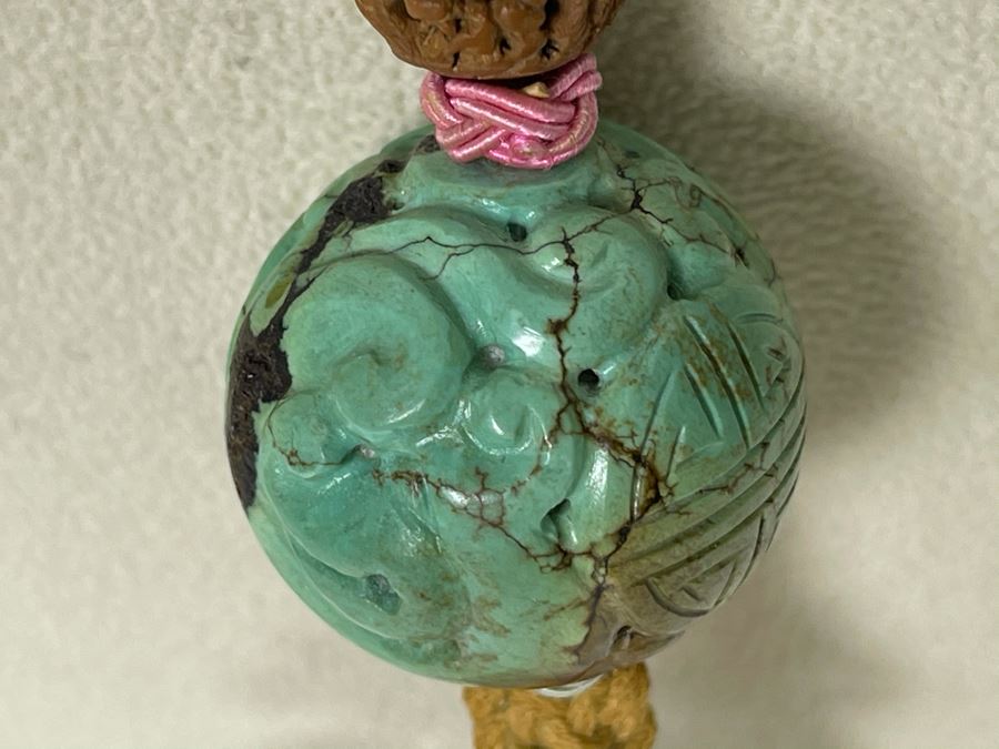 Vintage Chinese Carved Turquoise Ball Pendant Knotted Necklace With Tassles [Photo 14]