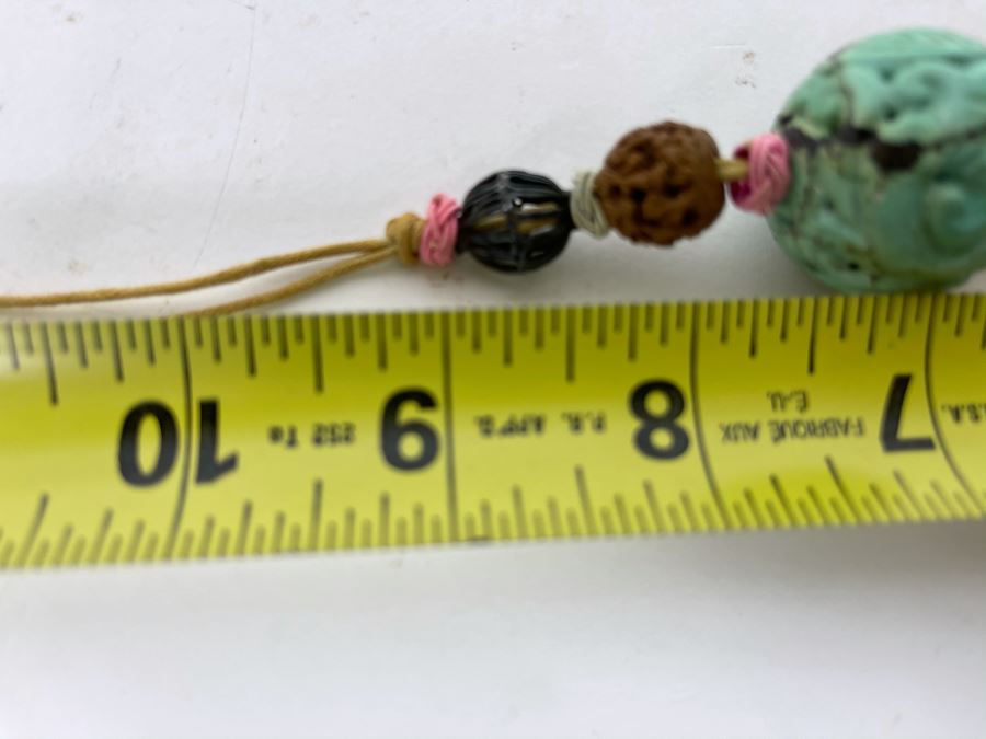 Vintage Chinese Carved Turquoise Ball Pendant Knotted Necklace With Tassles [Photo 16]