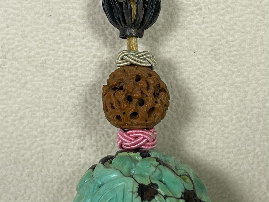 Vintage Chinese Carved Turquoise Ball Pendant Knotted Necklace With Tassles [Photo 11]