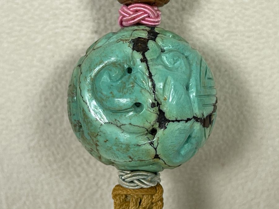 Vintage Chinese Carved Turquoise Ball Pendant Knotted Necklace With Tassles [Photo 7]