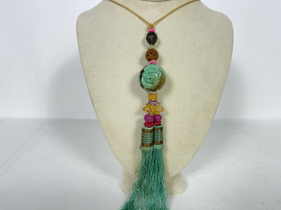 Vintage Chinese Carved Turquoise Ball Pendant Knotted Necklace With Tassles [Photo 4]