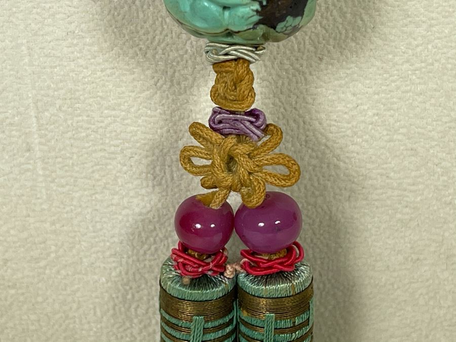 Vintage Chinese Carved Turquoise Ball Pendant Knotted Necklace With Tassles [Photo 9]