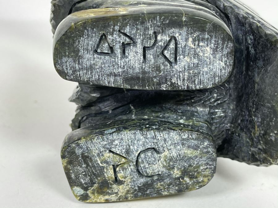 Vintage Signed Eskimo Stone Carving Sculpture Playing Drum 6W X 6D X 7.5H [Photo 2]