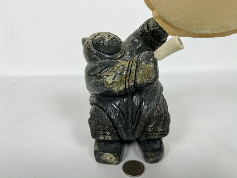 Vintage Signed Eskimo Stone Carving Sculpture Playing Drum 6W X 6D X 7.5H [Photo 1]