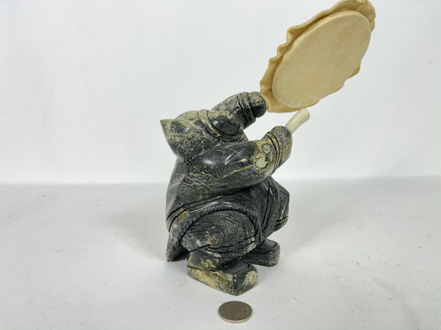 Vintage Signed Eskimo Stone Carving Sculpture Playing Drum 6W X 6D X 7.5H [Photo 5]