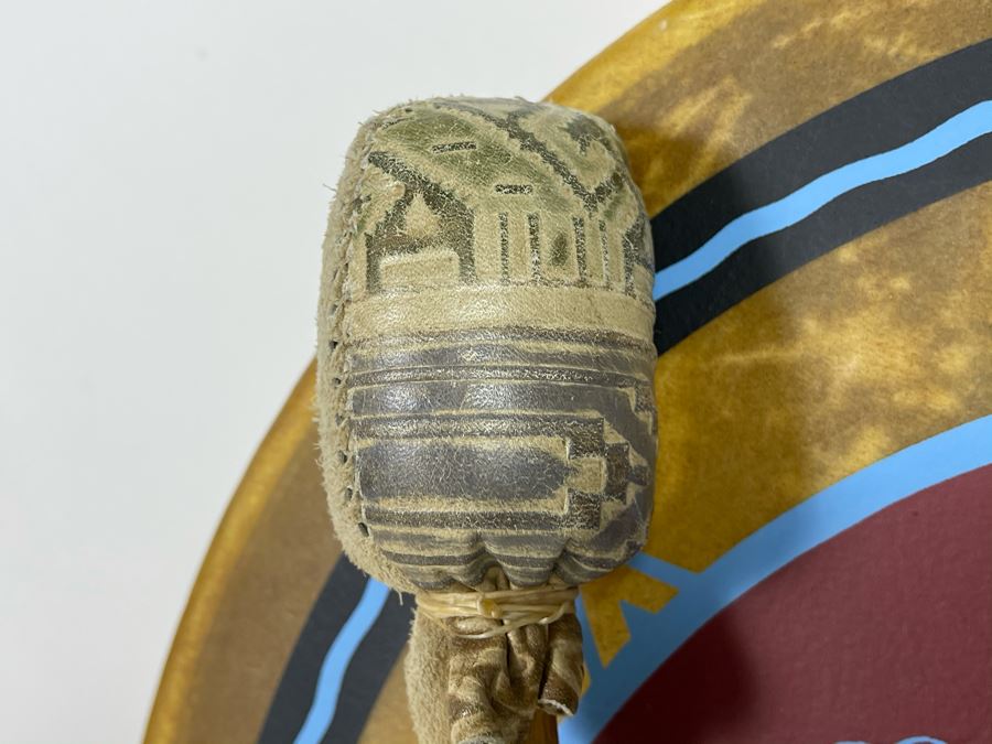 Signed Carl Winters Painted Native American Lakota Artist Medicine Drum With Drum Beater - Drum Signed Throwing Flower 82 16'R [Photo 16]