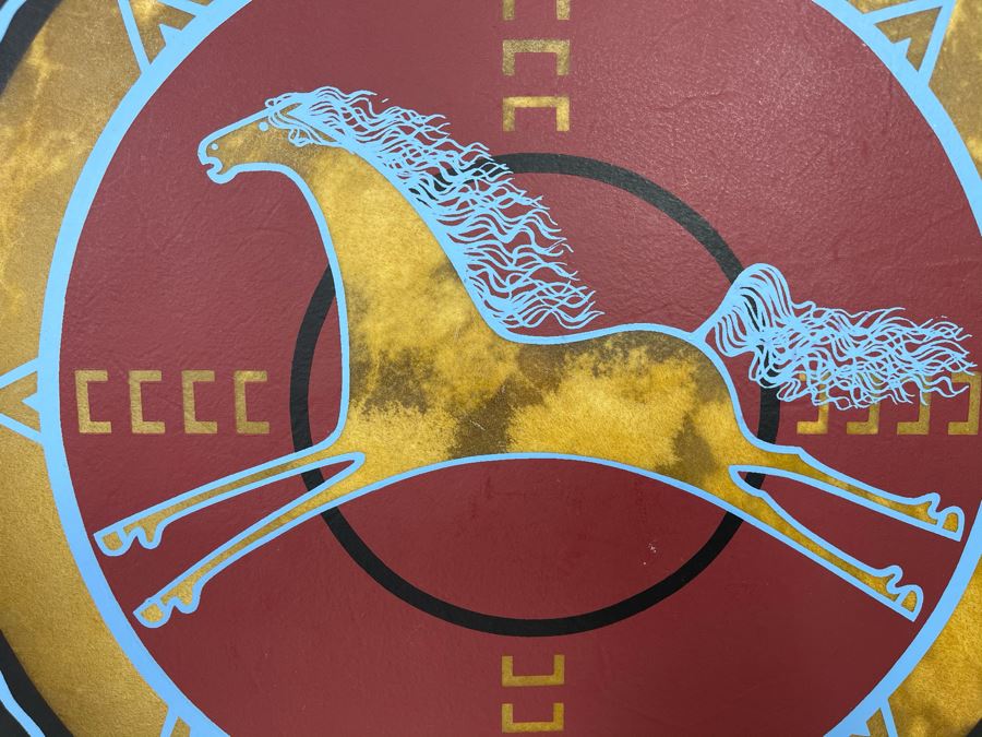 Signed Carl Winters Painted Native American Lakota Artist Medicine Drum With Drum Beater - Drum Signed Throwing Flower 82 16'R [Photo 6]