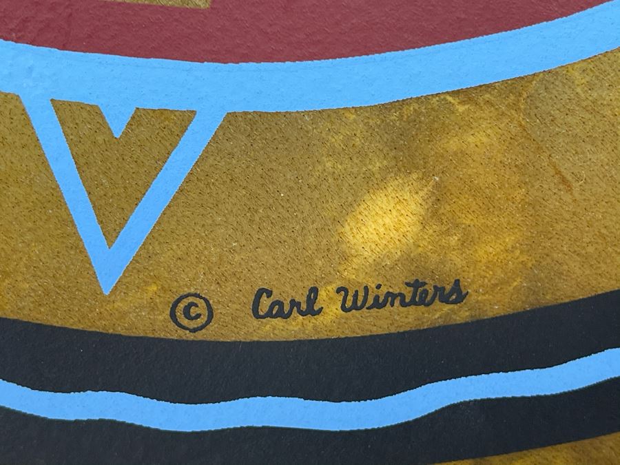 Signed Carl Winters Painted Native American Lakota Artist Medicine Drum With Drum Beater - Drum Signed Throwing Flower 82 16'R [Photo 7]