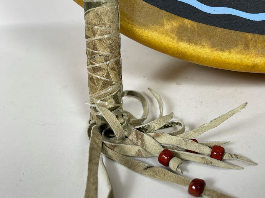 Signed Carl Winters Painted Native American Lakota Artist Medicine Drum With Drum Beater - Drum Signed Throwing Flower 82 16'R [Photo 18]