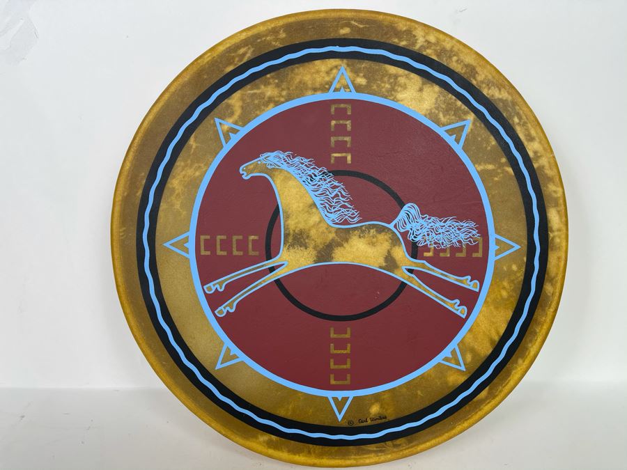 Signed Carl Winters Painted Native American Lakota Artist Medicine Drum With Drum Beater - Drum Signed Throwing Flower 82 16'R [Photo 3]