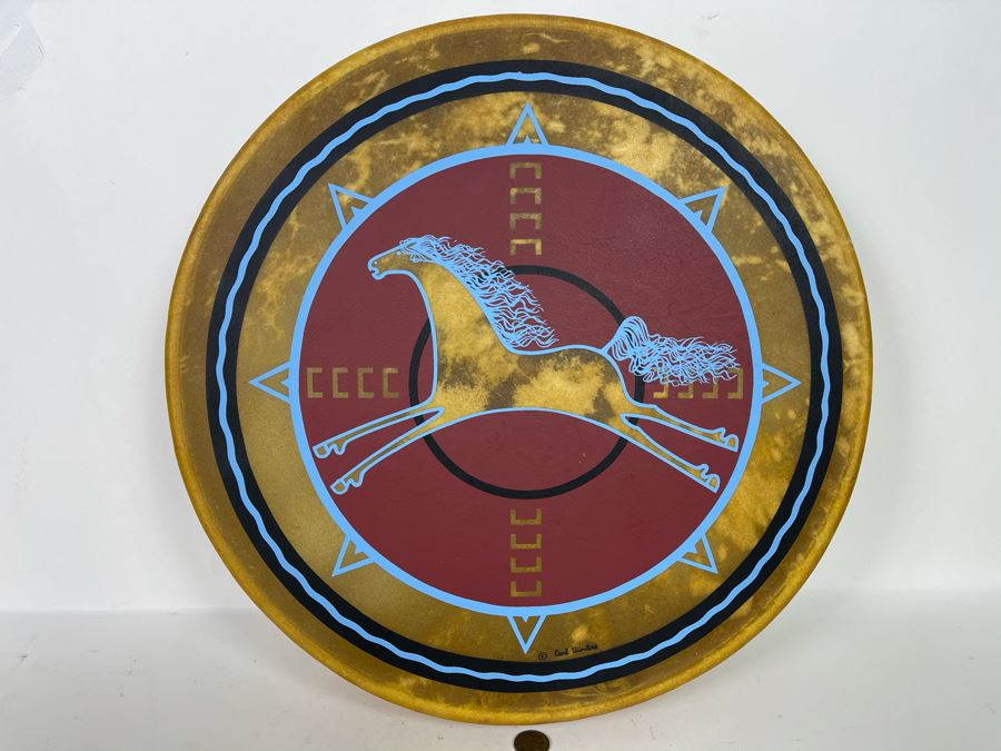Signed Carl Winters Painted Native American Lakota Artist Medicine Drum With Drum Beater - Drum Signed Throwing Flower 82 16'R [Photo 4]
