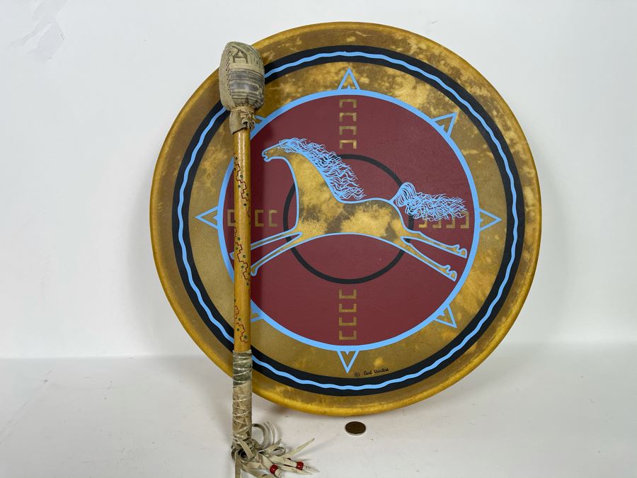 Signed Carl Winters Painted Native American Lakota Artist Medicine Drum With Drum Beater - Drum Signed Throwing Flower 82 16'R [Photo 2]