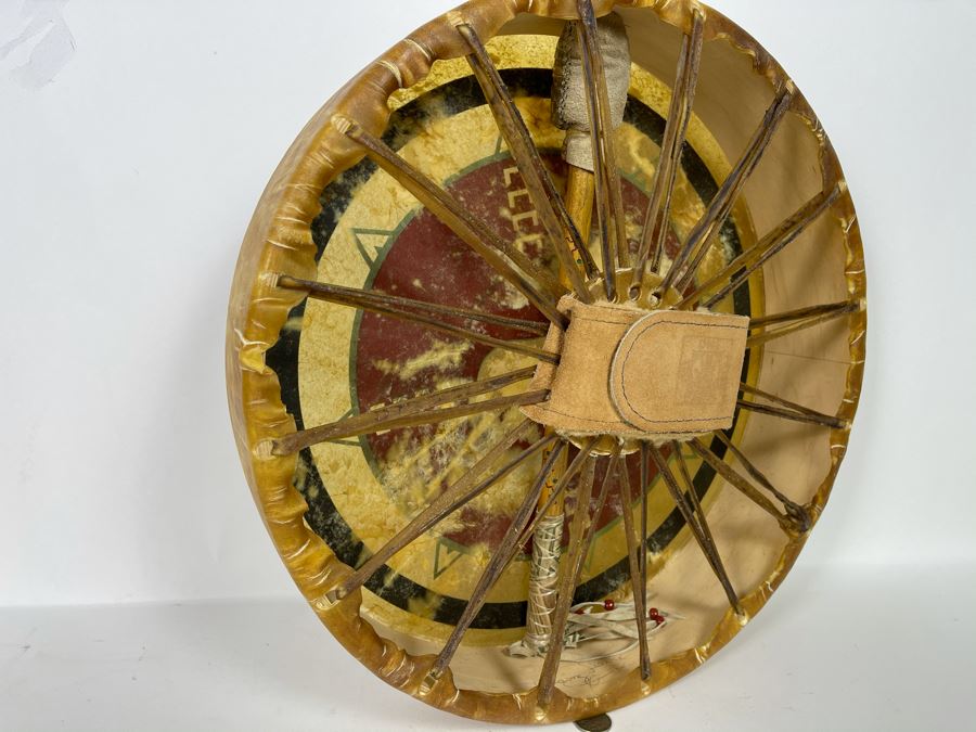 Signed Carl Winters Painted Native American Lakota Artist Medicine Drum With Drum Beater - Drum Signed Throwing Flower 82 16'R [Photo 14]