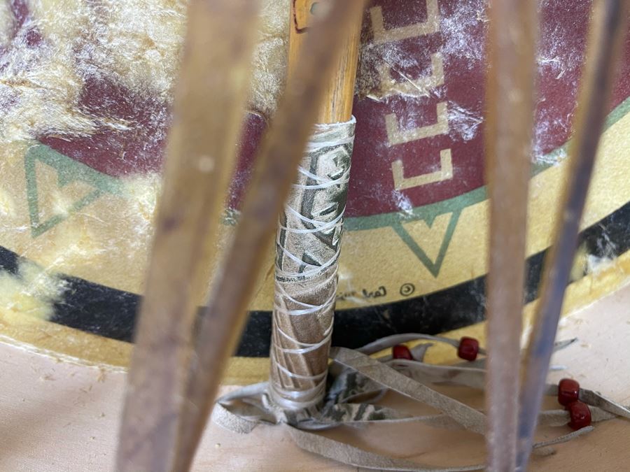 Signed Carl Winters Painted Native American Lakota Artist Medicine Drum With Drum Beater - Drum Signed Throwing Flower 82 16'R [Photo 12]