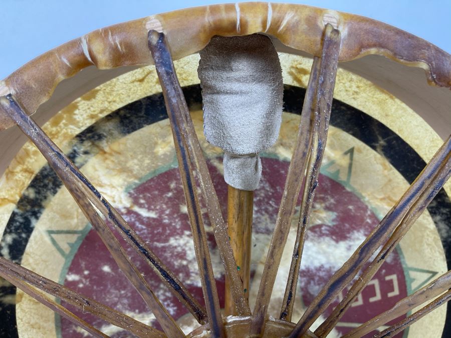 Signed Carl Winters Painted Native American Lakota Artist Medicine Drum With Drum Beater - Drum Signed Throwing Flower 82 16'R [Photo 10]