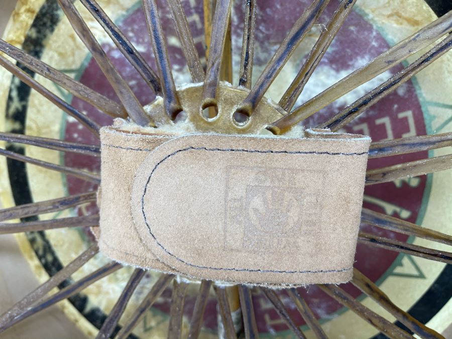 Signed Carl Winters Painted Native American Lakota Artist Medicine Drum With Drum Beater - Drum Signed Throwing Flower 82 16'R [Photo 9]