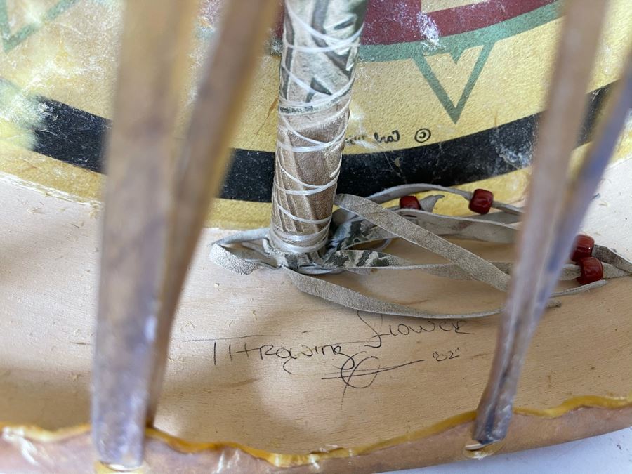 Signed Carl Winters Painted Native American Lakota Artist Medicine Drum With Drum Beater - Drum Signed Throwing Flower 82 16'R [Photo 11]