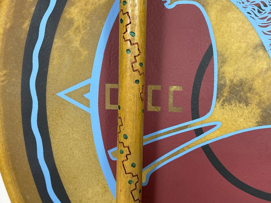 Signed Carl Winters Painted Native American Lakota Artist Medicine Drum With Drum Beater - Drum Signed Throwing Flower 82 16'R [Photo 17]