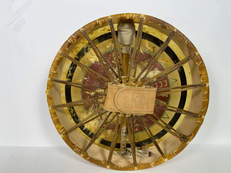 Signed Carl Winters Painted Native American Lakota Artist Medicine Drum With Drum Beater - Drum Signed Throwing Flower 82 16'R [Photo 8]