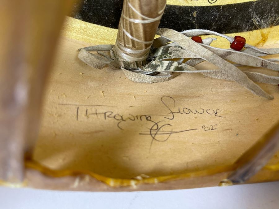 Signed Carl Winters Painted Native American Lakota Artist Medicine Drum With Drum Beater - Drum Signed Throwing Flower 82 16'R [Photo 15]