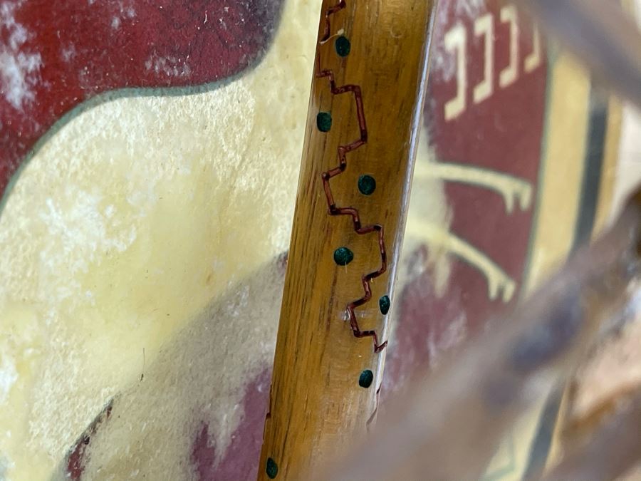 Signed Carl Winters Painted Native American Lakota Artist Medicine Drum With Drum Beater - Drum Signed Throwing Flower 82 16'R [Photo 13]