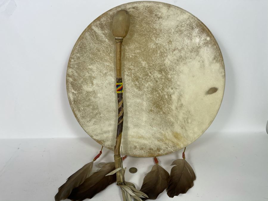Vintage Hand Crafted Medicine Drum With Drum Beater 16R X 3D [Photo 2]